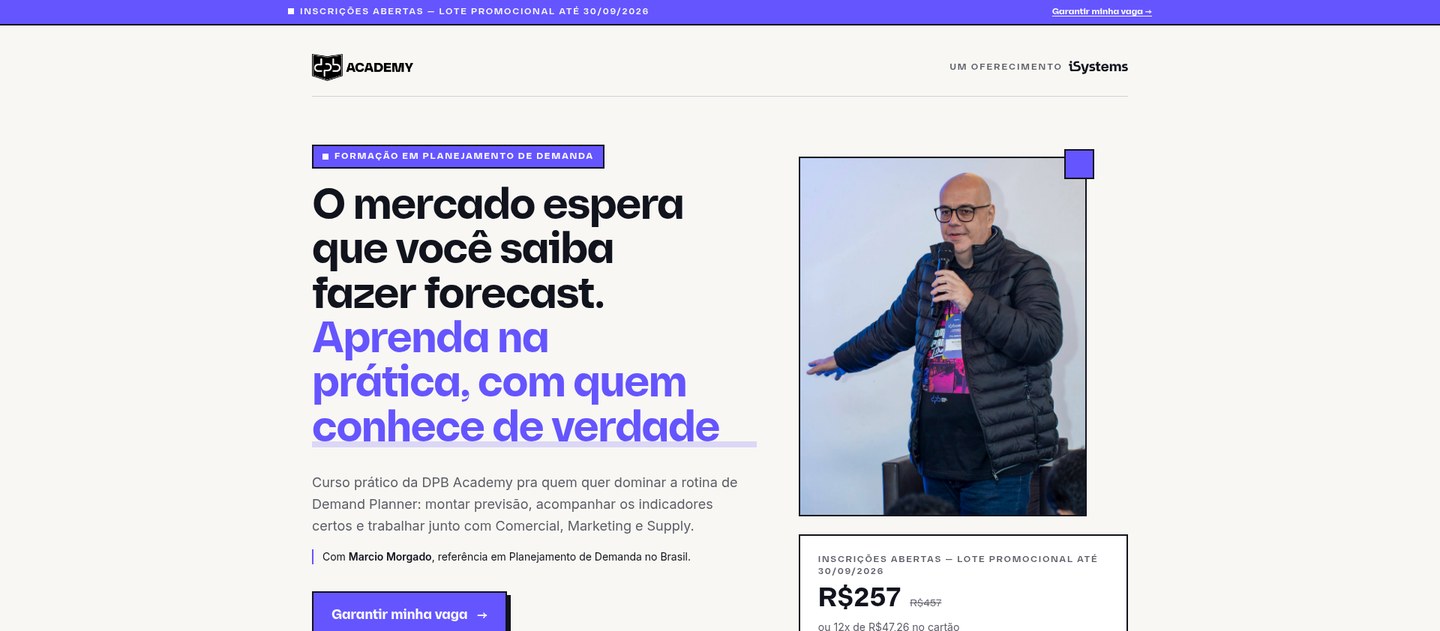 Landing page de lançamento da Formação em Planejamento de Demanda da DPB Academy