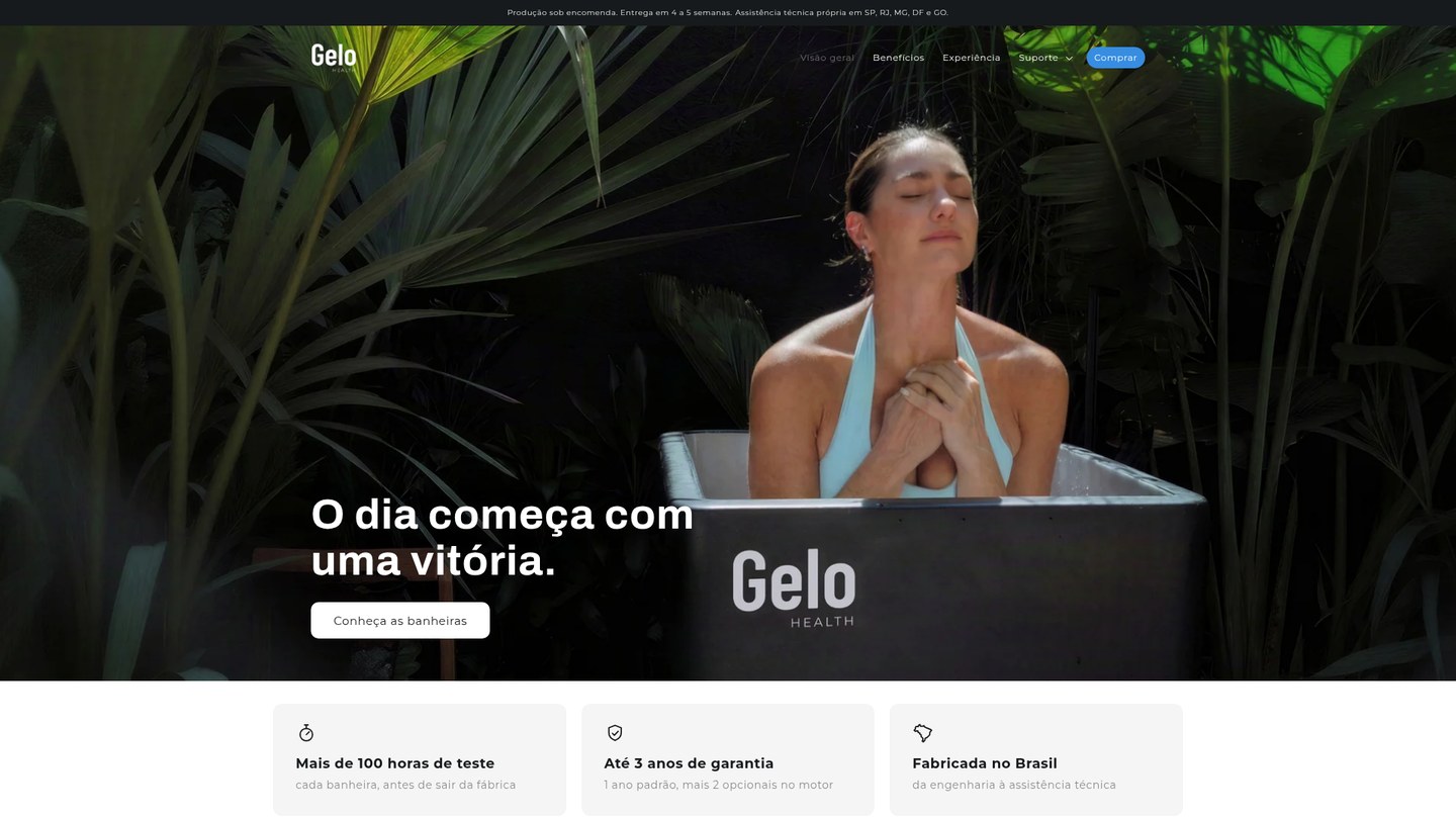 Home do site da Gelo Health, marca de banheiras de gelo